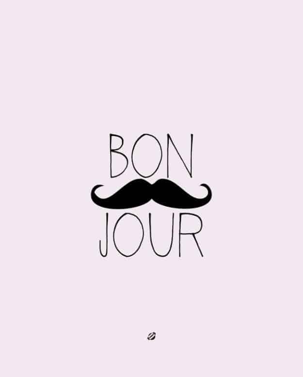 Bon jour free printable, the words bon and jour in a thin outlined font with a large solid black moustache between them