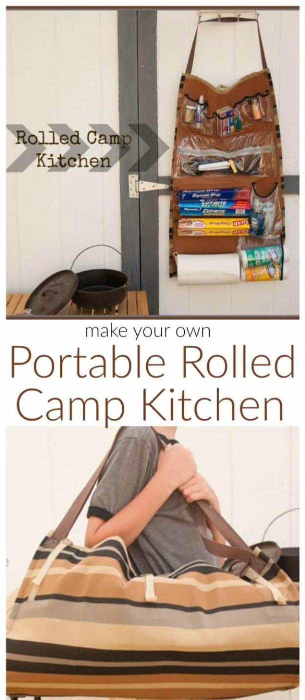 Rolled camp kitchen organizer graphic, pockets of supplies above the loaded roll carried on a shoulder