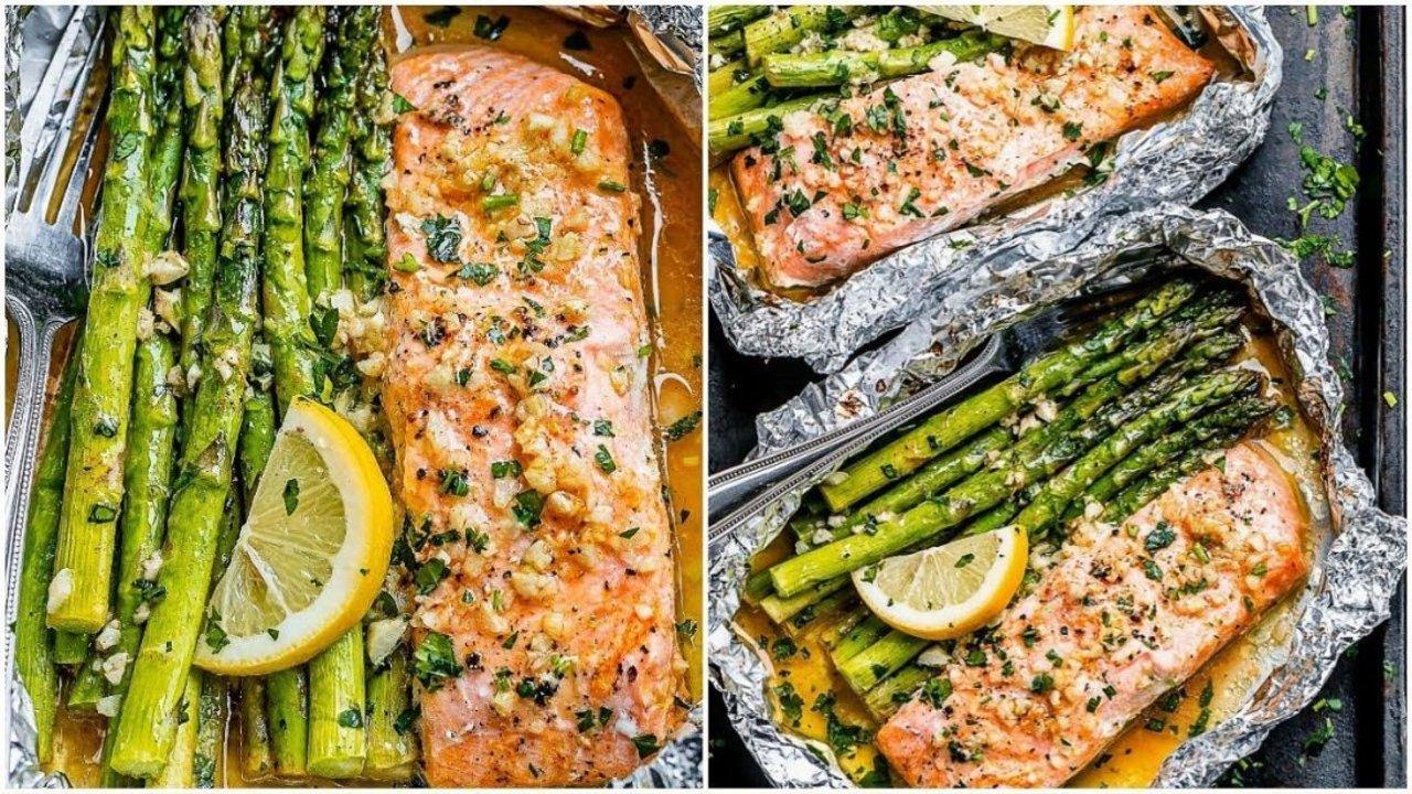 Foil Salmon and Asparagus in Garlic Sauce