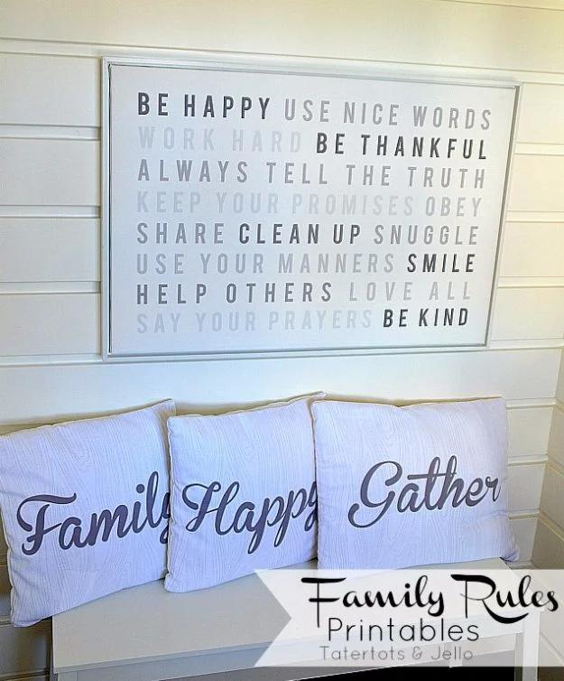 Family rules free printable, a large framed list of house rules in grey and black type hanging above a bench with lettered