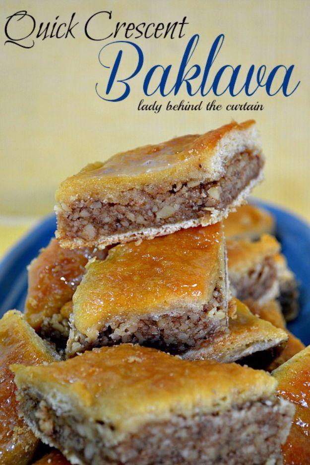 Quick crescent baklava with chopped walnuts and honey syrup, cut into diamonds in a nine by thirteen pan