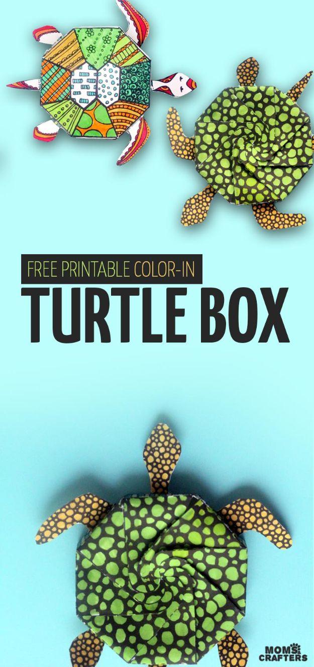 Green sea turtle coloring page and the finished folded paper turtle treat box, under a typeset Turtle Box title