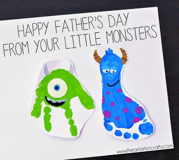 Two handprint and footprint monsters in green and blue with horns on a card reading from your little monsters
