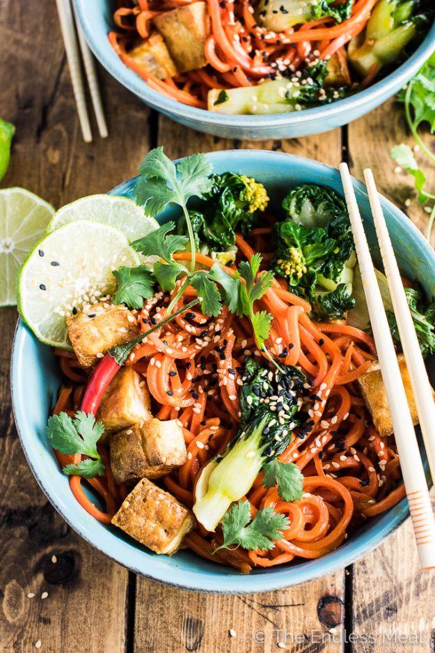 Veggie Noodle Recipes - Sesame Ginger Carrot Noodle Stir Fry with Bok Choy and Crispy Tofu - How to Cook With Veggie Noodles - Healthy Pasta Recipe Ideas - How to Make Veggie Noodl