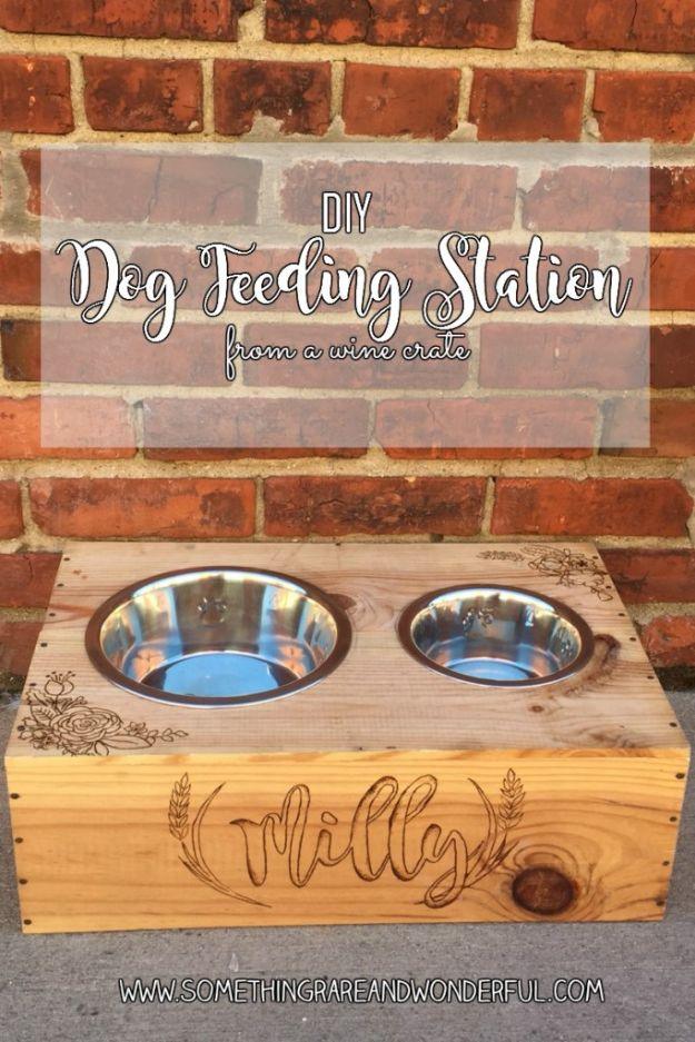 DIY Pet Bowls And Feeding Stations - DIY Dog Feeding Station From A Wine Crate - Easy Ideas for Serving Dog and Cat Food, Ways to Raise and Store Bowls - Organize Your Dog Food and