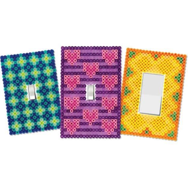 Switch plate covers, three beaded light switch plates in blue plaid, purple hearts and orange zigzag patterns