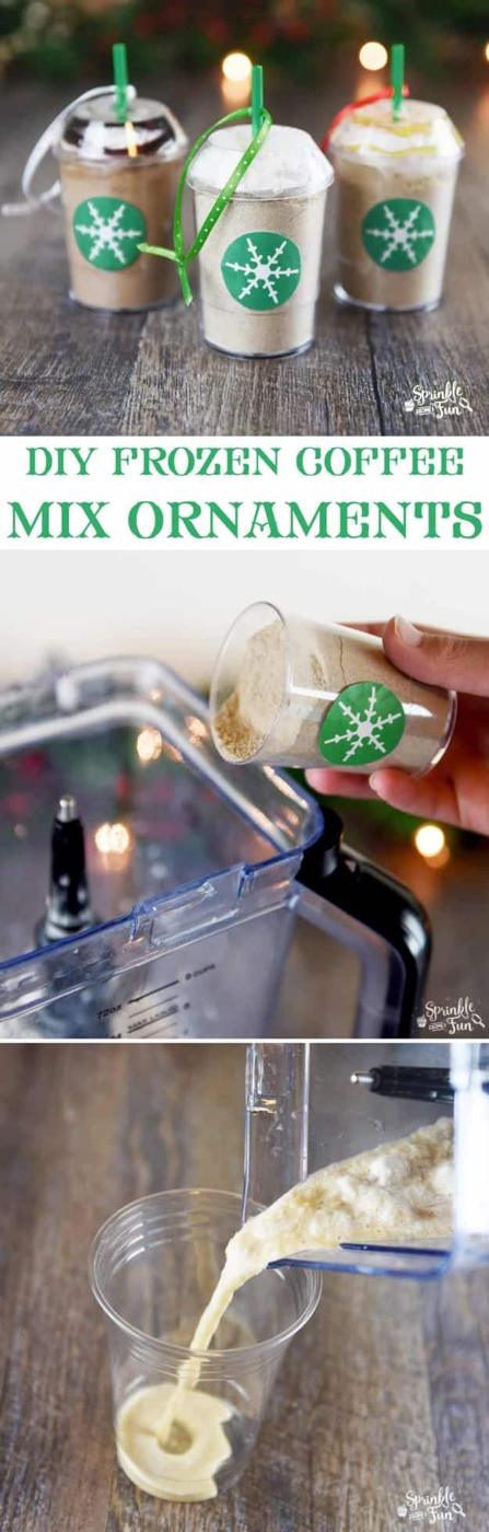 DIY frozen coffee mix display, three mini plastic cups of coffee drink mix with whipped tops, green straws and round logos