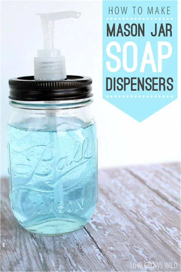 Mason jar soap dispenser with a farmhouse pump lid, a rustic bathroom craft that is easy to batch make for gifting