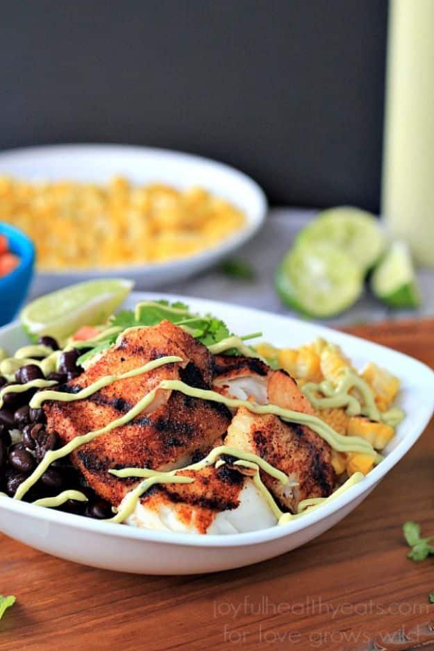Grilled tilapia bowls with quinoa, grilled corn and chipotle avocado crema, a healthy gluten free fish recipe