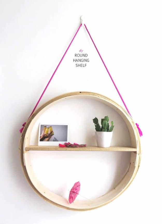 DIY Round Hanging Shelf, a popular choice on this list and a simple project that clears clutter fast