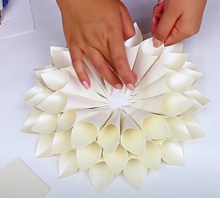 Glue Paper Cones To A Circle For Paper Dahlias