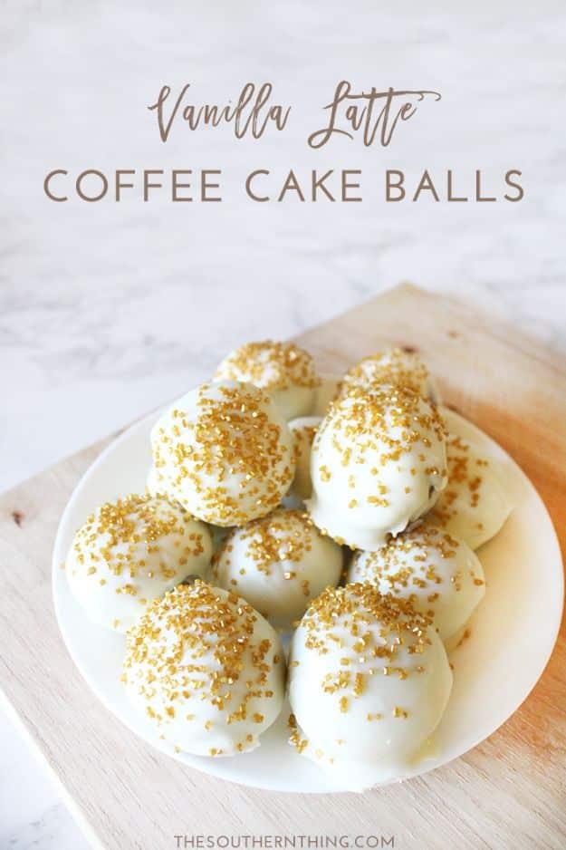 Vanilla latte coffee cake balls rolled and dipped, an easy coffee flavored dessert for a brunch table