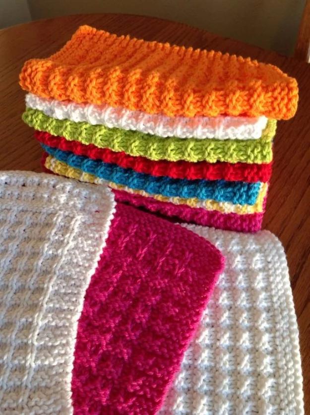 A waffle stitch dishcloth knit with a textured pattern for a practical handmade kitchen gift for the whole family