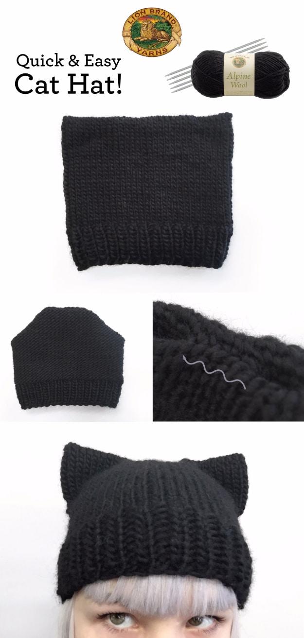 Black knitted cat hat with pointed corner ears, shown flat, seamed and worn, with a skein of black wool and needles