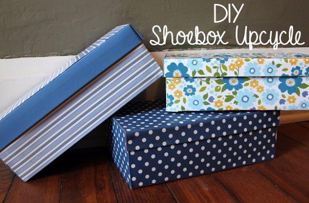 Three shoe boxes covered in striped, floral and polka dot scrapbook paper under the words DIY shoebox upcycle