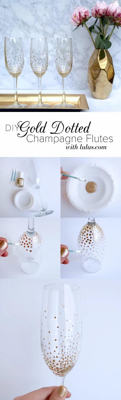 Dollar store champagne flutes dotted with gold enamel paint, lined up on a party table scattered with confetti
