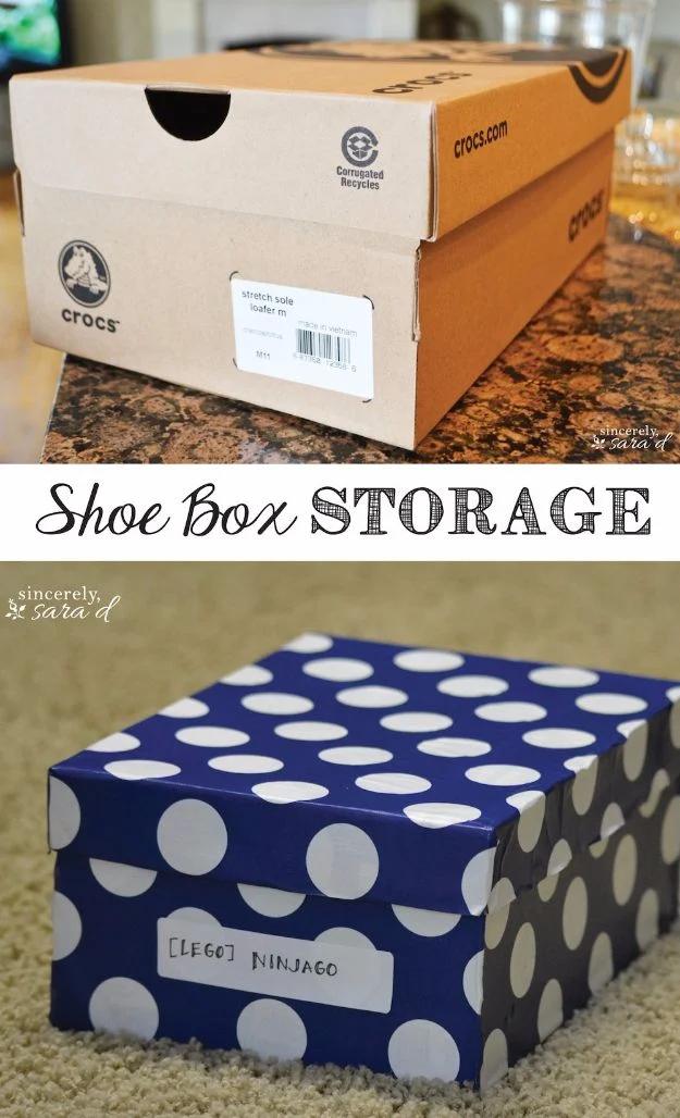 Plain kraft shoe box above the same box covered in navy and white polka dot paper, titled shoe box storage