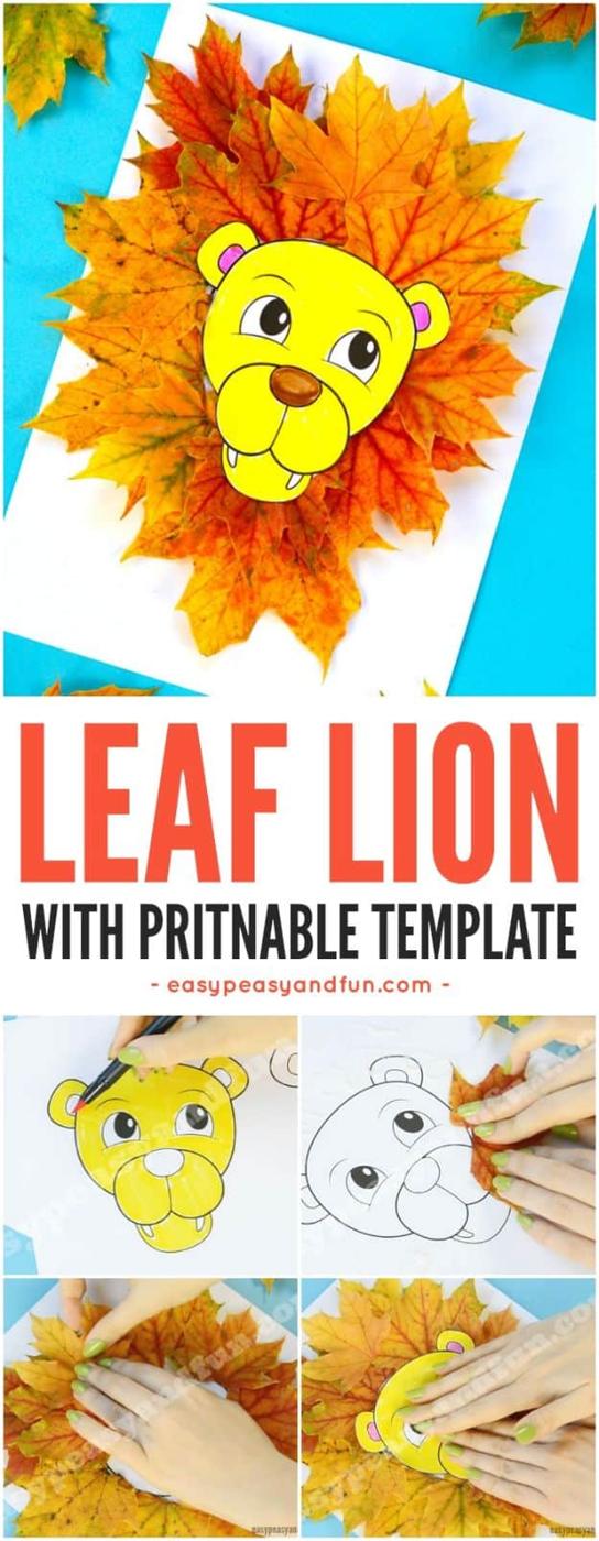 Pin graphic, Leaf Lion with Printable Template, a paper lion face ringed with real maple leaves above four step photos