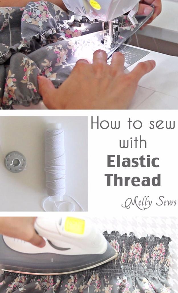 Three photos of shirred floral fabric sewn with elastic thread and a spool being pressed with an iron