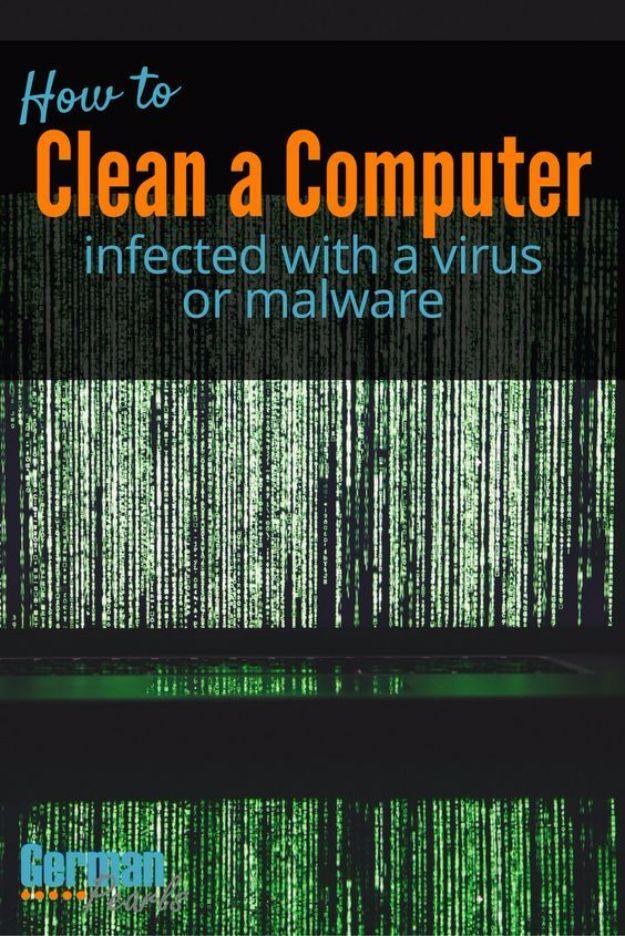 Graphic of falling green code on a black screen with the words how to clean a computer infected with a virus or malware