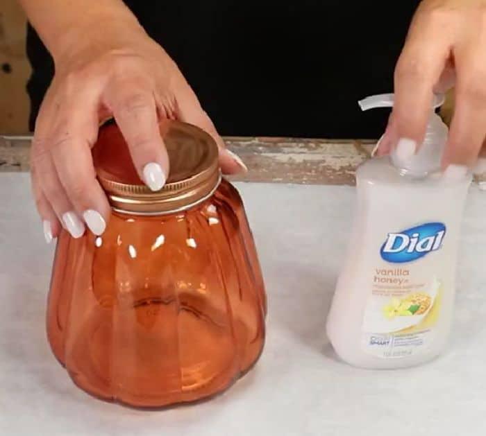 Easy to Make Dollar Tree DIY Pumpkin Soap Jar