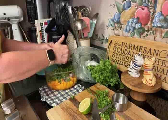 Assembling the peach salsa