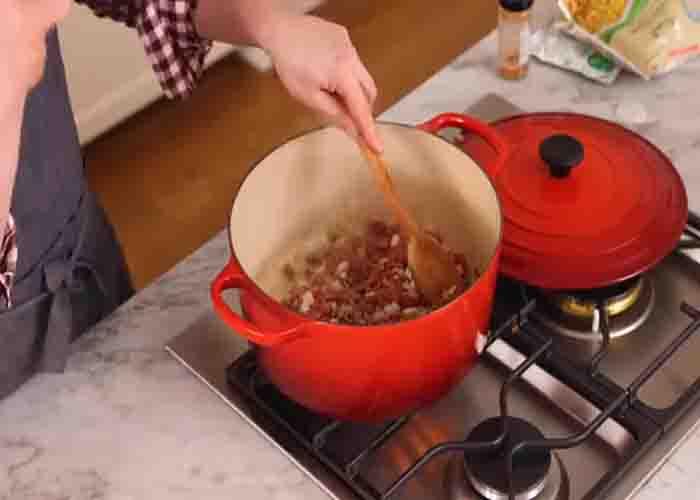Cooking the ground beef for the taco soup recipe