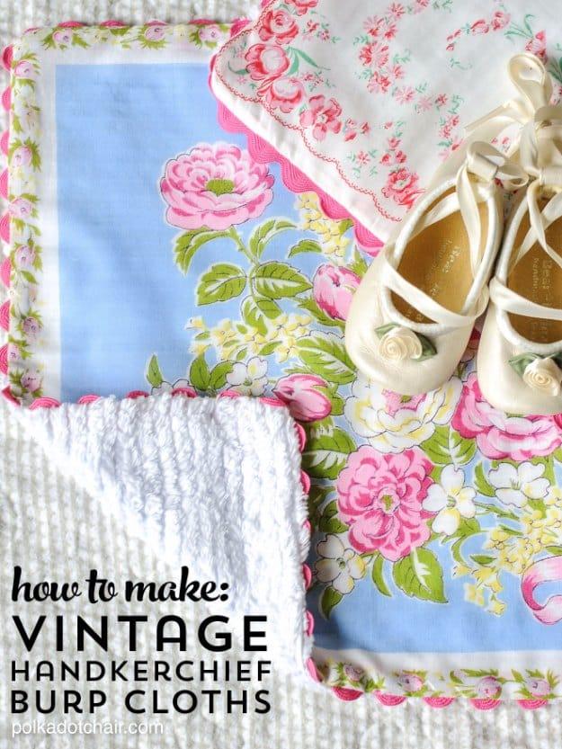 Baby Burp Cloths Made from Vintage Handkerchiefs, a DIY baby shower gift, an easy project to make as a gift