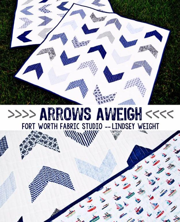 Arrows Aweigh quilt graphic, navy and pale blue arrows on white with a tugboat print backing, shown on grass