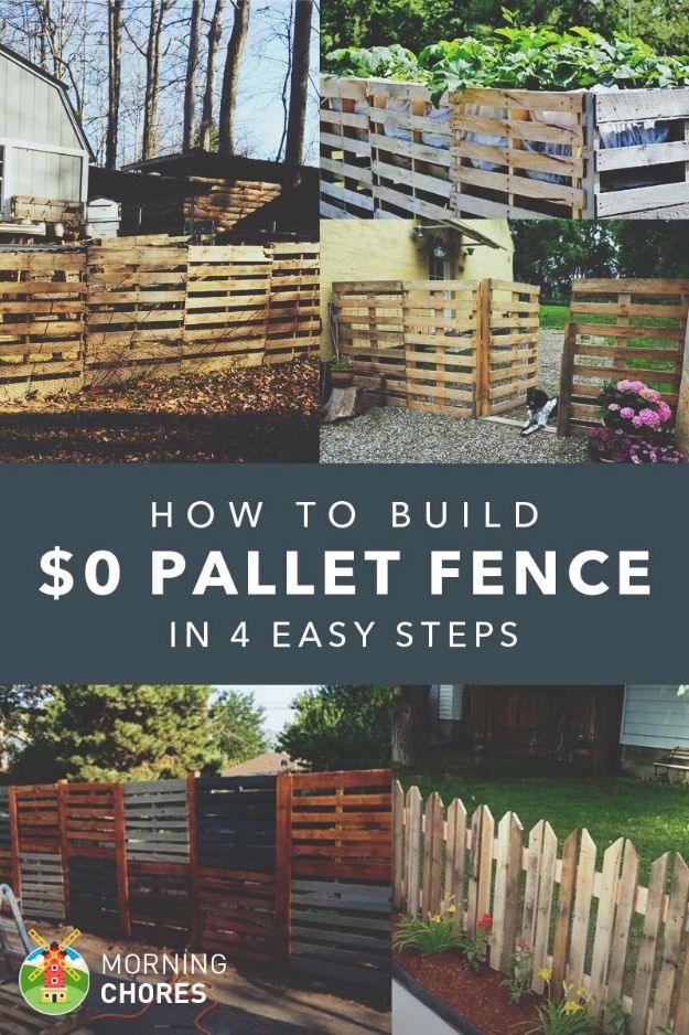 Pallet fence, a photo grid of six pallet fences in raw, stained and white painted wood around several different gardens