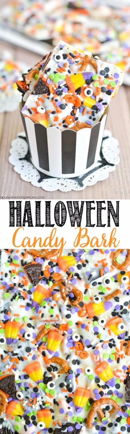 Easy party snacks, kid-friendly spooky serving and simple make-ahead option, highlighting Halloween candy bark