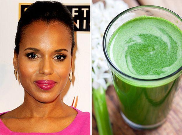 Kerry Washington beside a tall glass of bright green diet smoothie, a healthy celebrity inspired breakfast idea