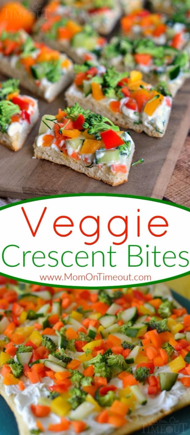 Veggie crescent bites party appetizer topped with chopped broccoli, bell pepper and carrot on herbed cream cheese