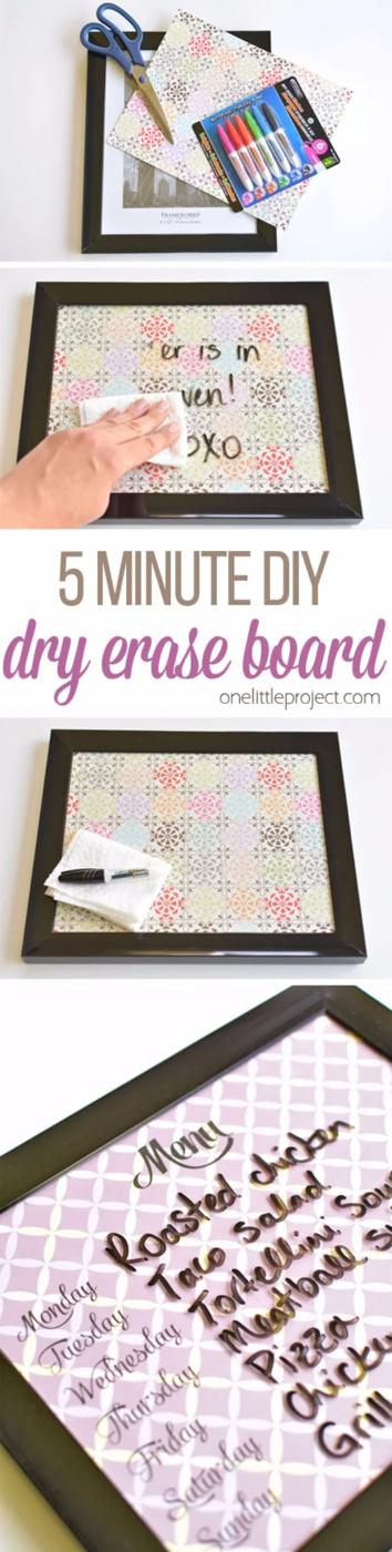 Homemade whiteboards, a black picture frame over patterned paper with a weekly dinner menu written on the glass in marker