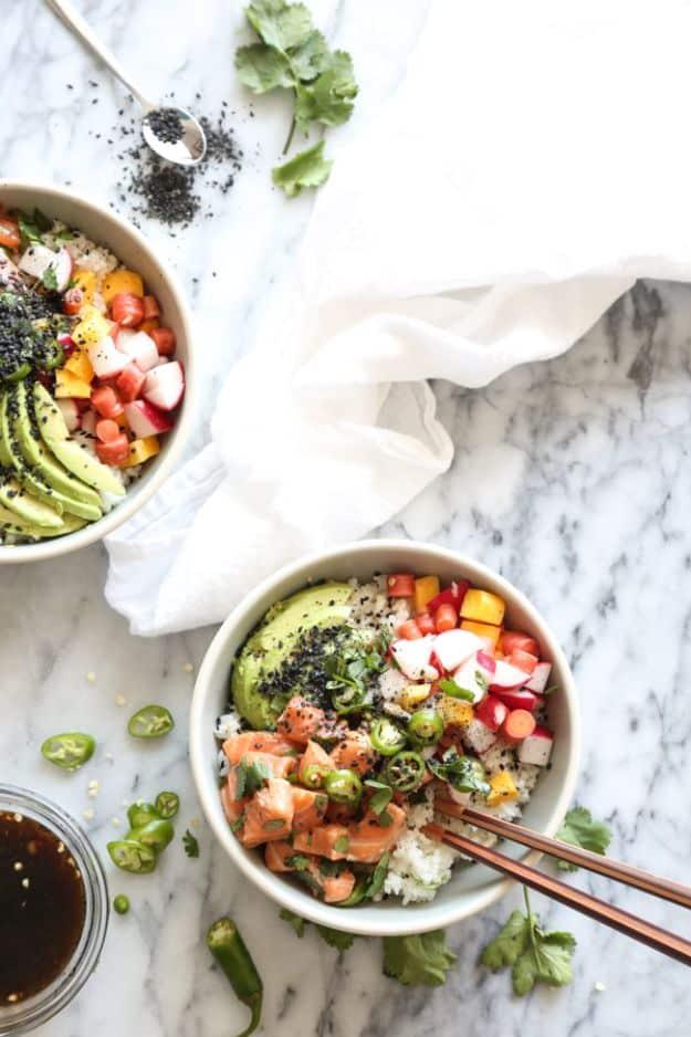 Recipes for Clean Eating - Salmon Poke Bowls with Pickled Radishes, Carrots and Spicy Ponzu - Raw and Whole Foods, Unprocessed Meal and Snack Ideas for Lunch and Dinner - Fresh, He