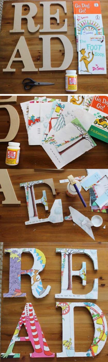 DIY Decoupage Dr. Seuss Read Sign for Children's Book Nook, a piece that earns its own spot on display