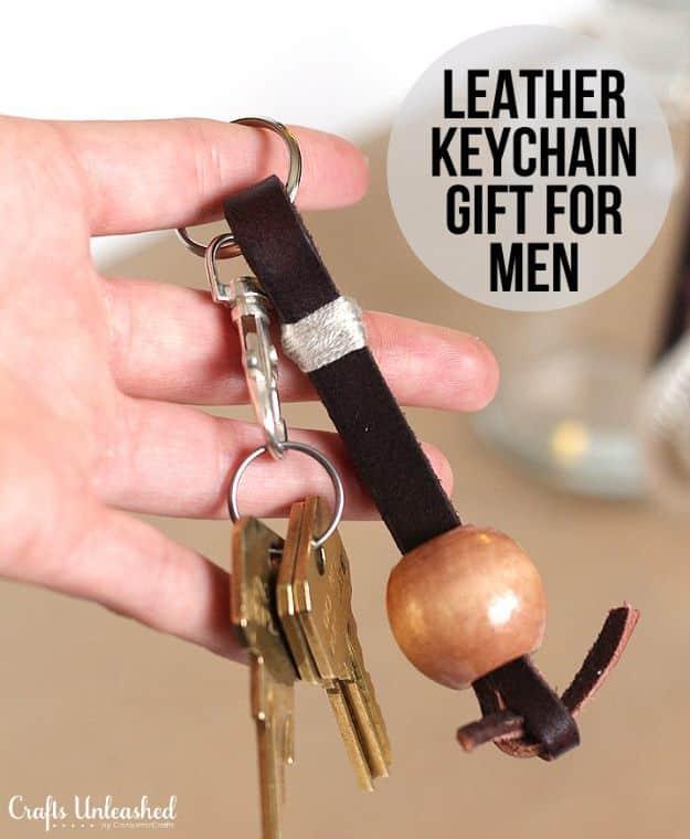 A simple leather keychain strip with a rivet and a key ring, an easy handmade Valentine gift for him