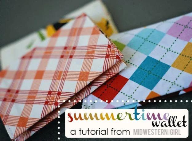 Two summertime wallets, one orange checked and one in a pastel color grid, under a typeset tutorial title