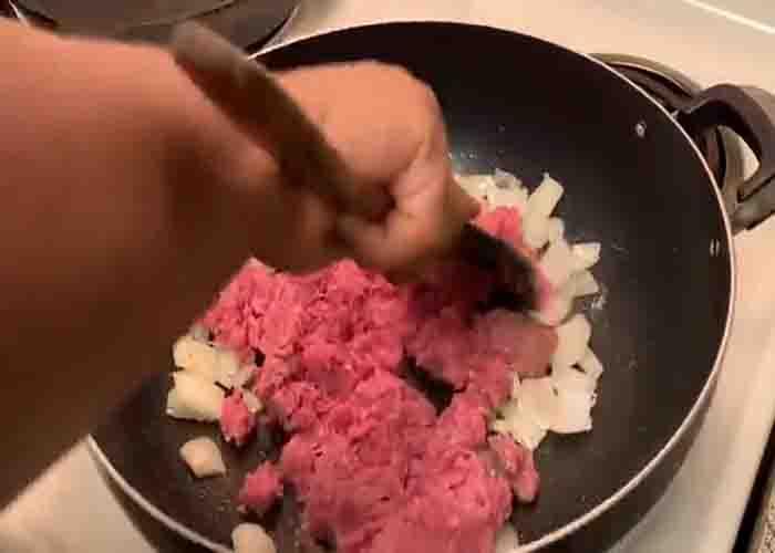 Cooking the ground beef for the fried Rotel dip balls