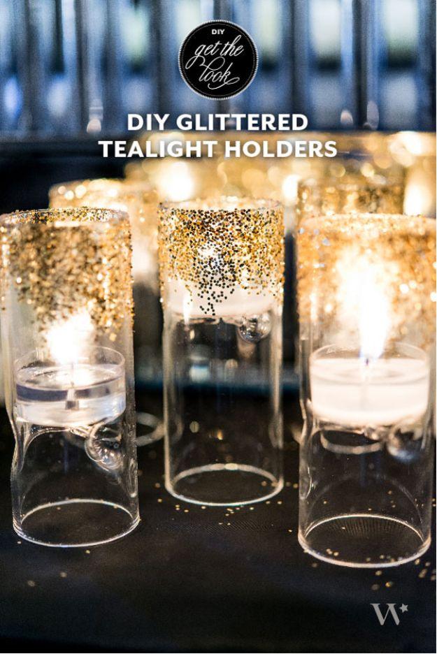 DIY Glittered Tealight Holders, great for matching decor exactly to a wedding color scheme and satisfying to finish