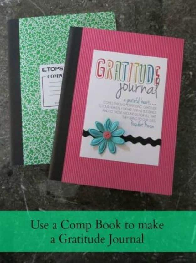 Gratitude journal graphic reading Use a Comp Book to make a Gratitude Journal over a pink cover with ric rac and a flower