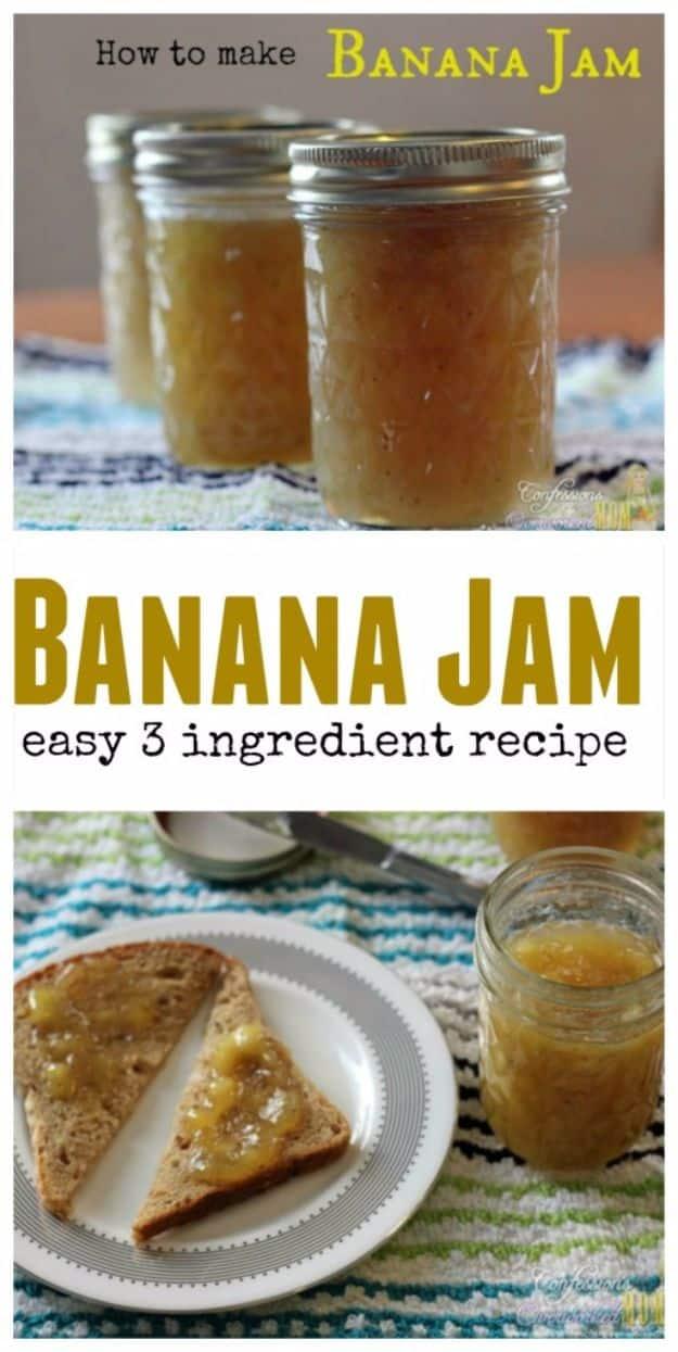 Banana jam in three small canning jars, thick and golden brown, made from overripe bananas and lime juice