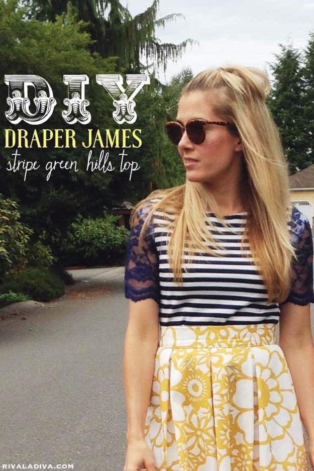 Lace sleeve striped top, a woman in a navy and white striped tee with navy lace sleeves and a yellow and white floral skirt