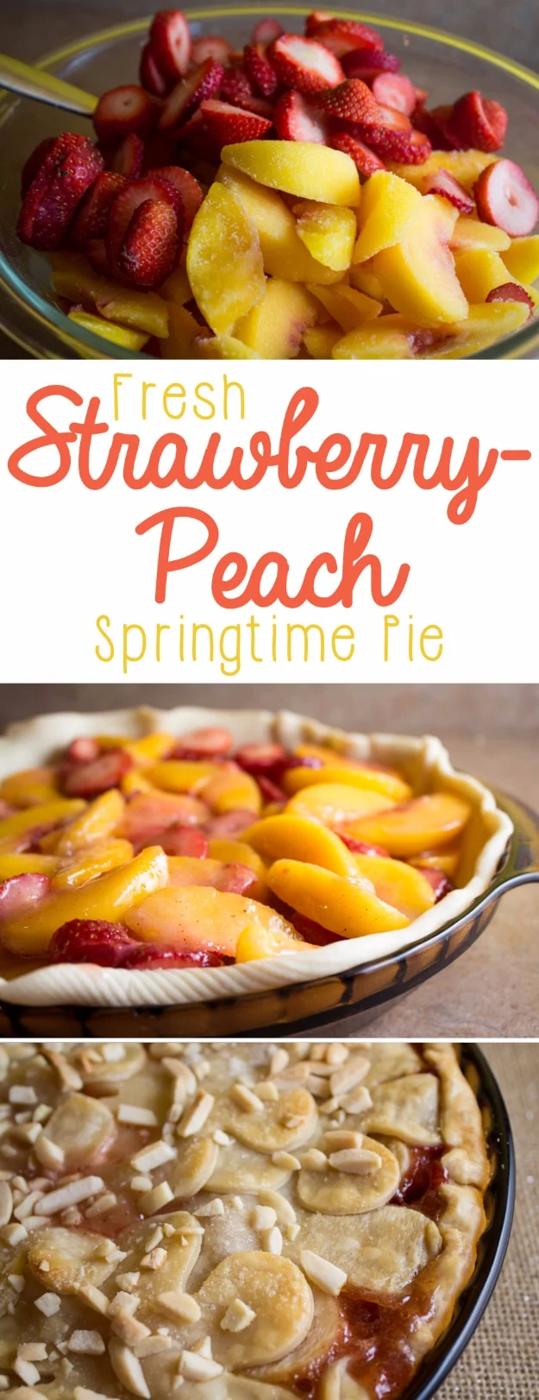 Fresh strawberry peach pie with sliced peaches and strawberries baked together under a lattice crust