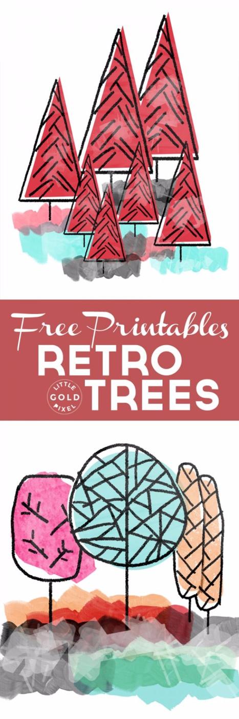 Awesome retro trees printables, cross hatched red triangular pines and rounded mid century trees in pink, teal and peach