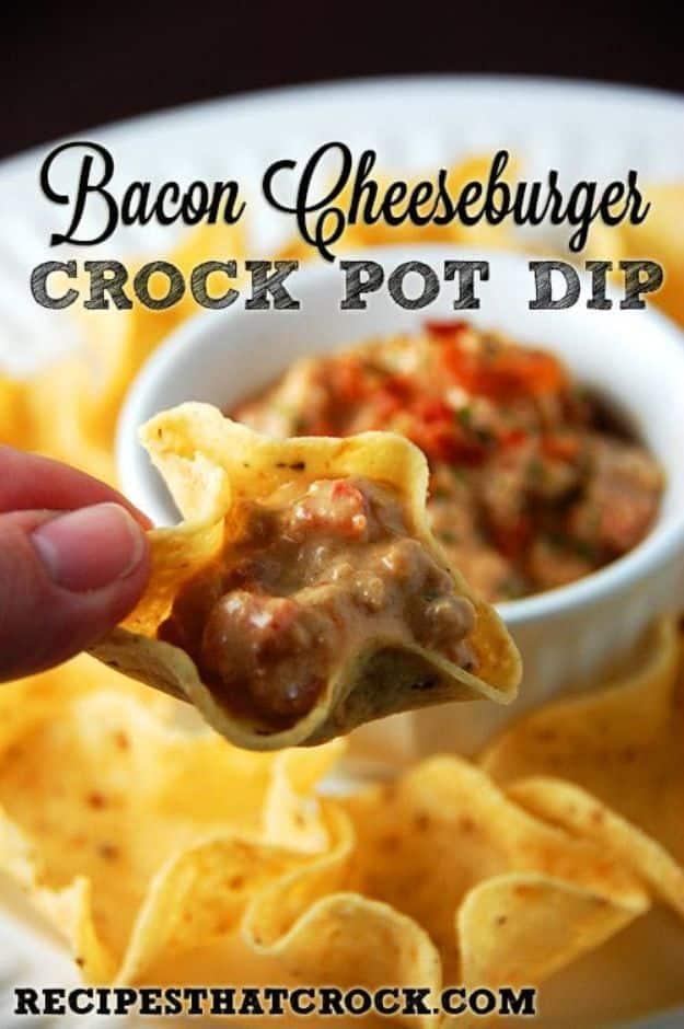 Pin graphic, title block above a hand holding a scoop chip loaded with thick bacon cheeseburger crock pot dip