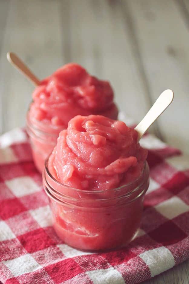 Watermelon strawberry sorbet scooped into a bowl, an easy five minute blender dessert made from frozen fruit