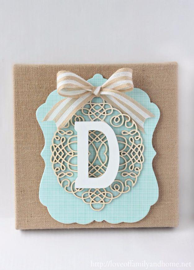 DIY Burlap Monogram, light on tools, just what is already in the drawer and an accent that pulls a whole room together