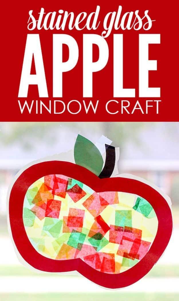 Handmade apple project, paper or fabric craft inspiration featuring the finished stained glass apple window