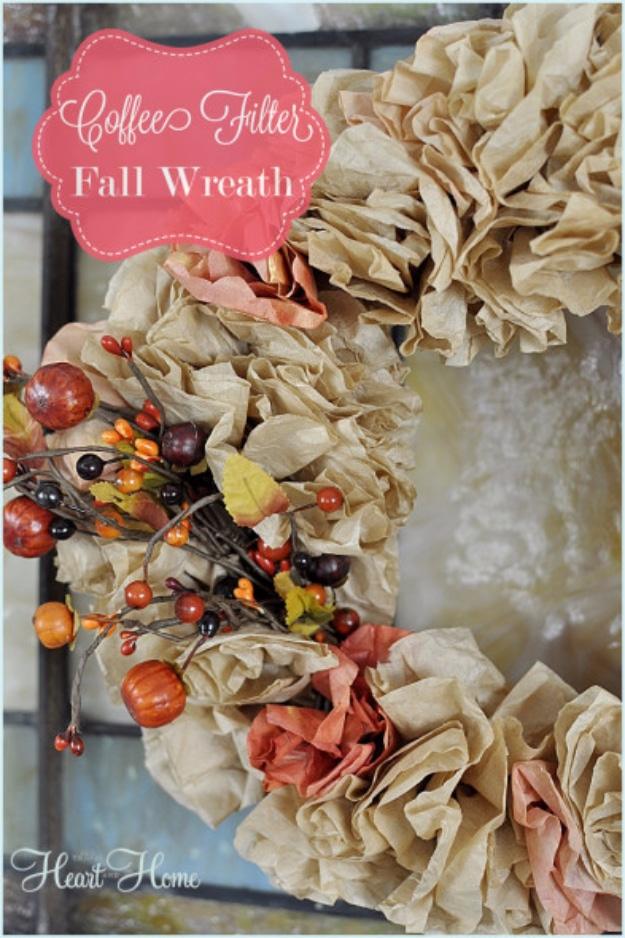 Coffee filter wreath made from batch dyed and fluffed filters, a cheap autumn door wreath made in bulk